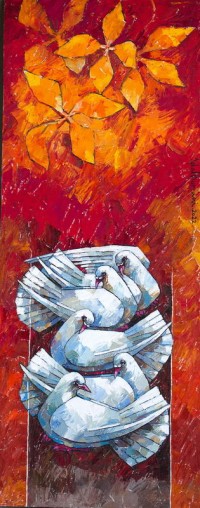Iqbal Durrani, Resting Birds, 18 x 48 Inch, Oil on Canvas, Pigeon Painting, AC-IQD-246